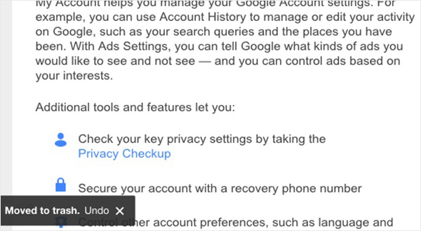 Приложение Gmail для iPad – Оповещение о перемещении в корзину